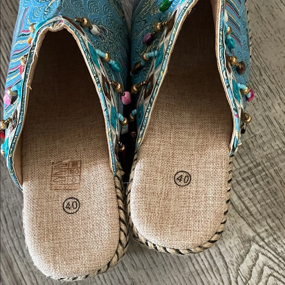 Turquoise Embroidered Beaded Wedge Slide Sandals